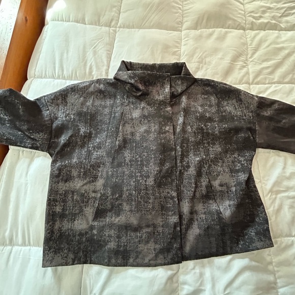 Eileen Fisher- Charcoal Grandeur Jacquard High Collar Blazer Jacket-M - Picture 3 of 8